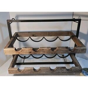 Pottery Barn Wood & Iron Wall Mount Wine Rack 8 Bottles Rustic Farmhouse Cottage